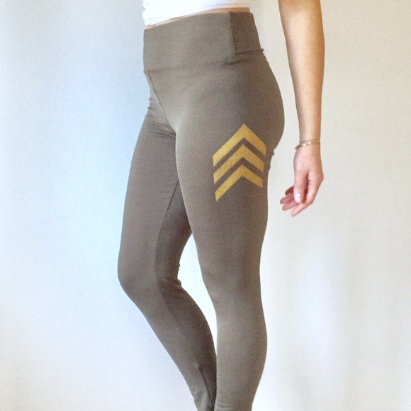 Pants - Army Green Gold Chevron High Waist Yoga Leggings